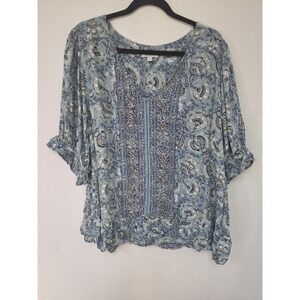 Lucky Brand Blouse 2X Floral Blue 3/4 Sleeve Split Neck Boho Top Shirt